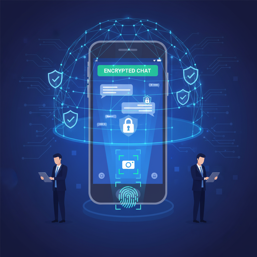 Mobile messaging security illustration showing smartphone with security features