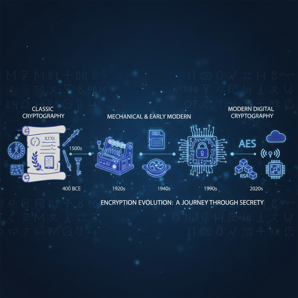 Timeline visualization showing encryption evolution from classic to modern cryptography