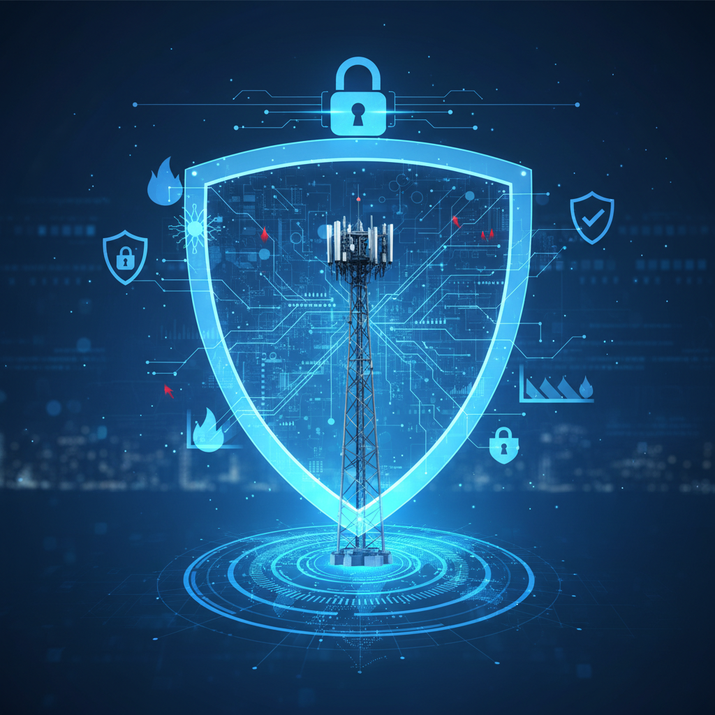 Mobile network security illustration showing cellular tower with security protection