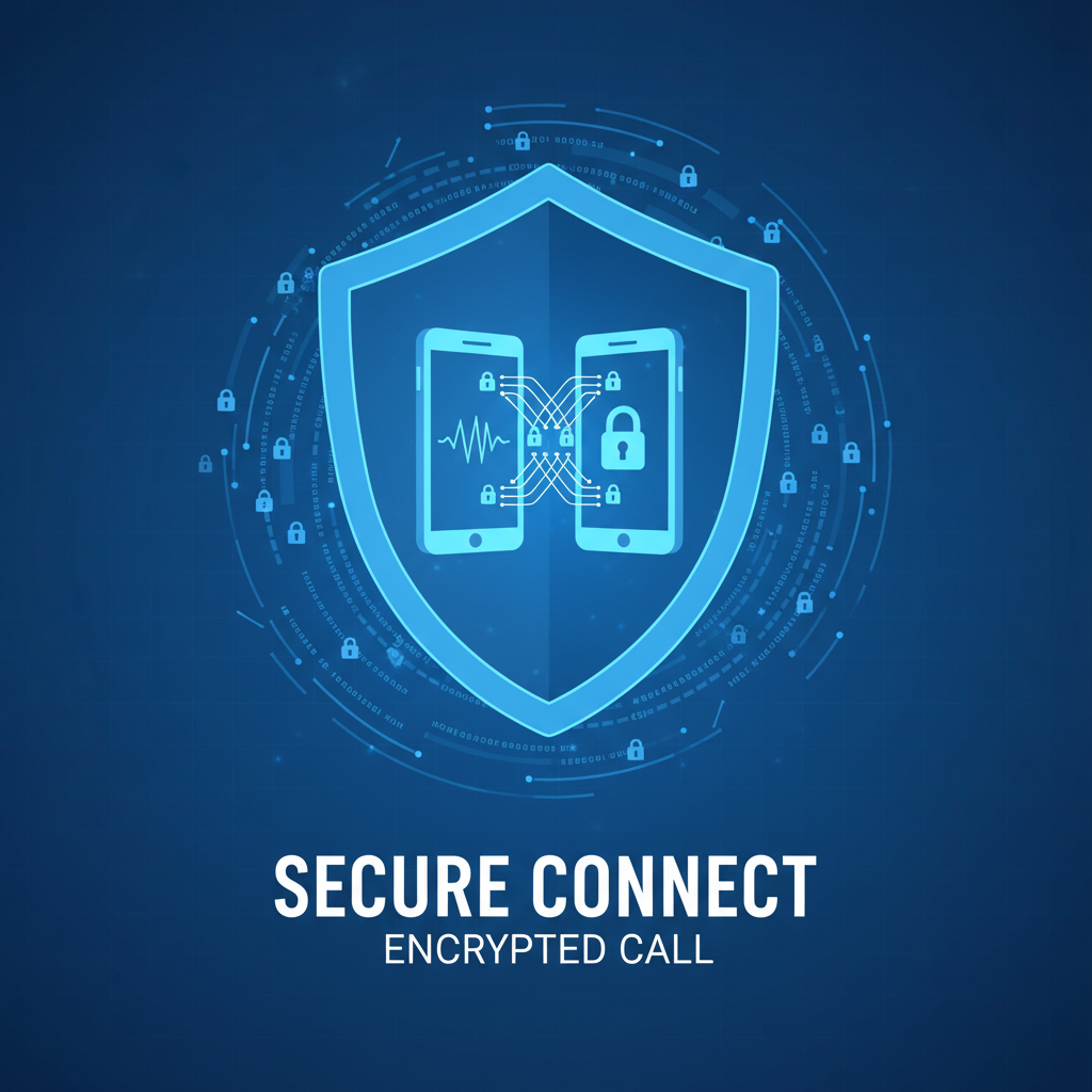 Secure communication illustration showing encrypted call concept with shield and phone