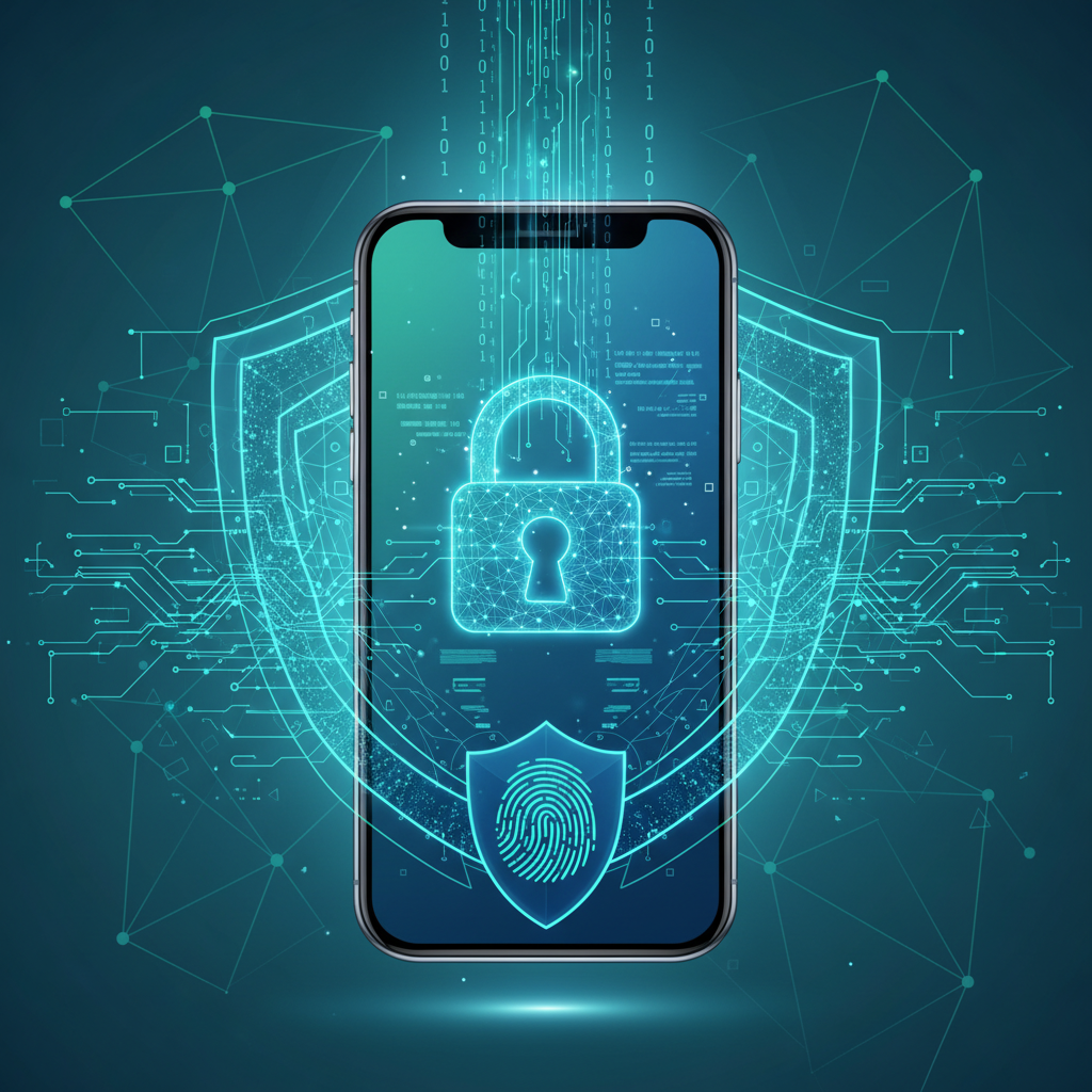 Text message encryption illustration with mobile phone and security lock